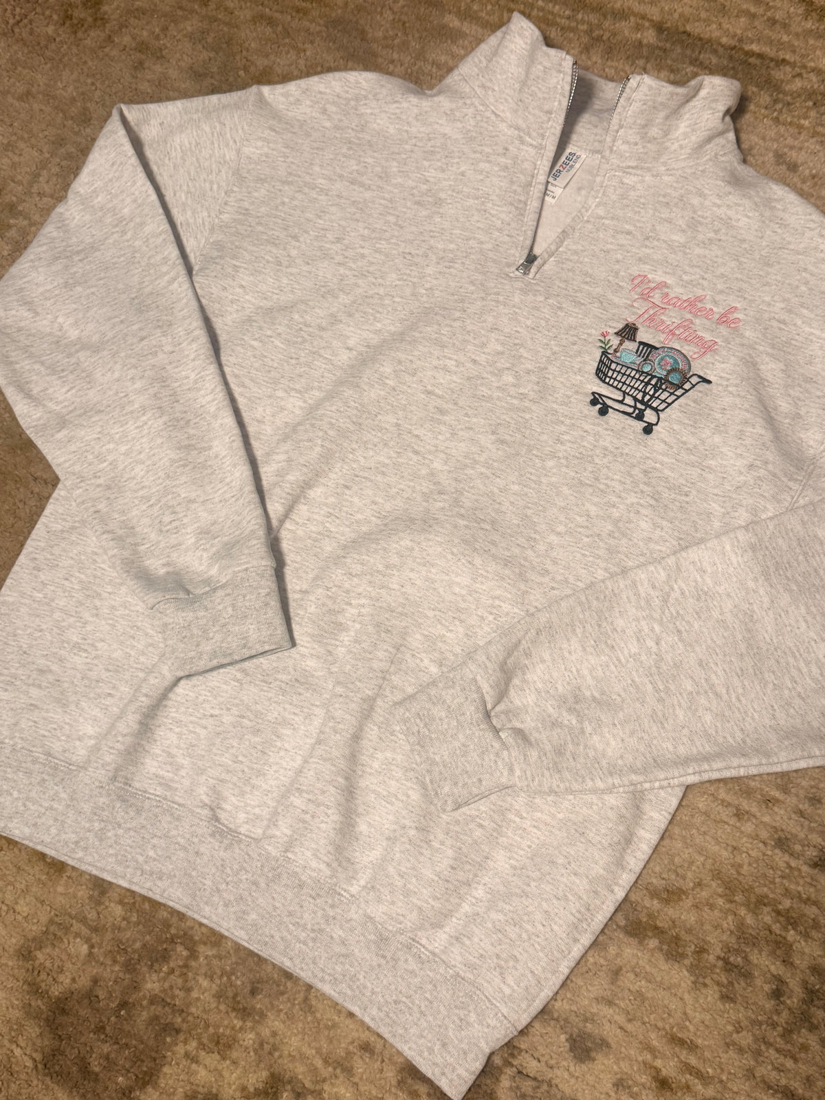 “Rather Be Thrifting” Quarter Zip | Gray